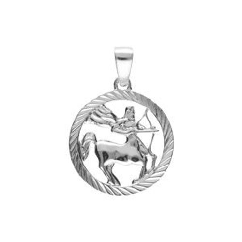 Pendentif Argent Rhodié Médaille 15mm Striee Zodiaque Sagittaire Decoupé