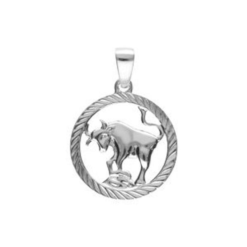 Pendentif Argent Rhodié Médaille 15mm Striee Zodiaque Taureau Decoupé