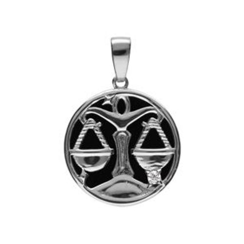Pendentif Argent Rhodié Médaille 15mm Onyx Noir Imitation Zodiaque Balance Et 1 Oxyde Blanc