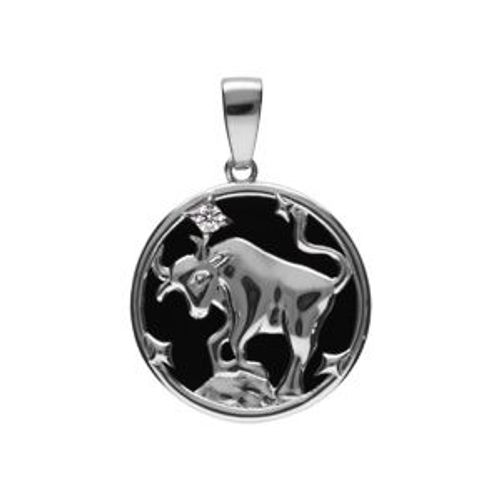 Pendentif Argent Rhodié Médaille 15mm Onyx Noir Imitation Zodiaque Taureau Et 1 Oxyde Blanc