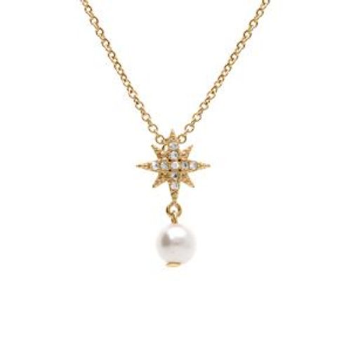 Collier Plaqué Or Forme Étoile Oxydes Blancs Et Perle Blanche Imitation 42+3cm
