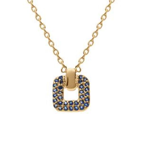 Collier Plaqué Or Pendentif Carré Oxydes Bleu Sertis 38+4cm