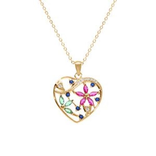 Collier Plaqué Or Pendentif Coeur Avec Fleurs Oxydes Multi Couleurs 40+5cm