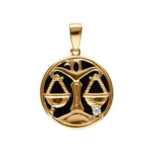 Pendentif Plaqué Or Médaille 15mm Onyx Noir Imitation Zodiaque Balance Et 1 Oxyde Blanc