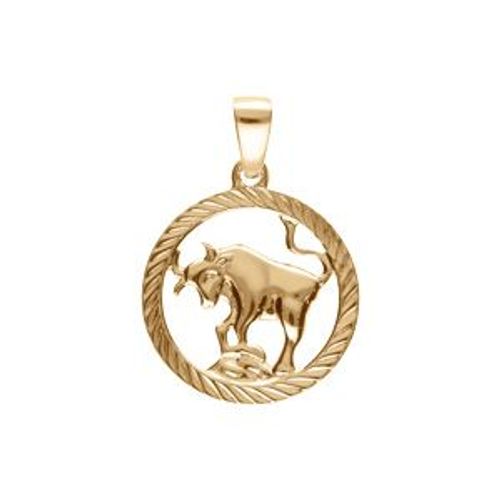 Pendentif Plaqué Or Médaille 15mm Striee Zodiaque Taureau Decoupé