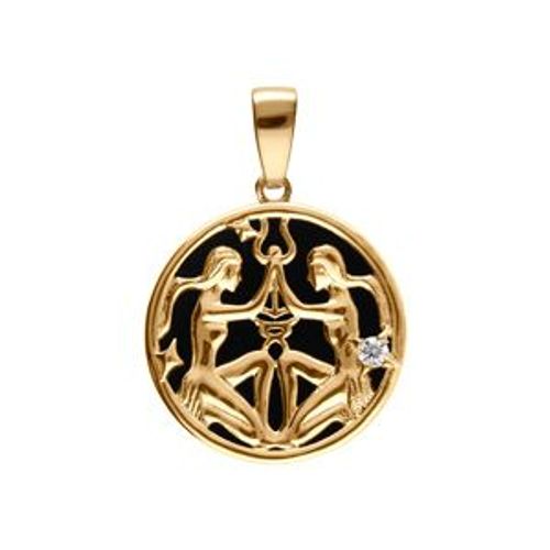 Pendentif Plaqué Or Médaille 15mm Onyx Noir Imitation Zodiaque Gemeaux Et 1 Oxyde Blanc