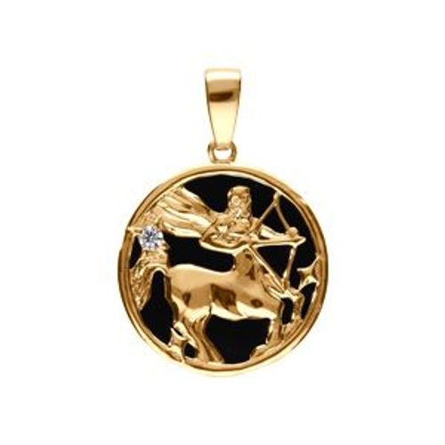 Pendentif Plaqué Or Médaille 15mm Onyx Noir Imitation Zodiaque Sagittaire Et 1 Oxyde Blanc