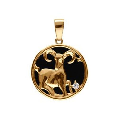 Pendentif Plaqué Or Médaille 15mm Onyx Noir Imitation Zodiaque Bélier Et 1 Oxyde Blanc