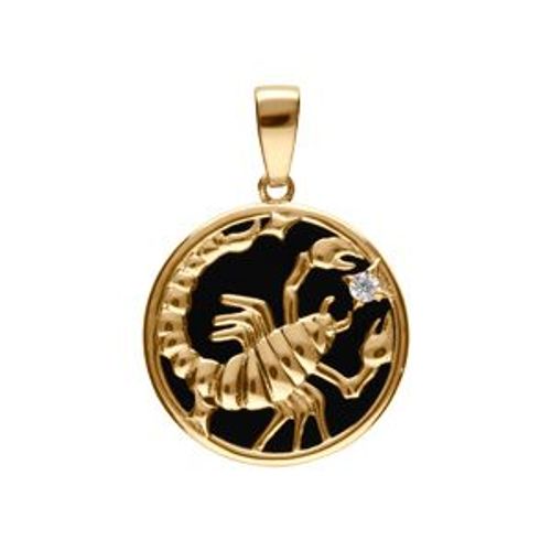 Pendentif Plaqué Or Médaille 15mm Onyx Noir Imitation Zodiaque Scorpion Et 1 Oxyde Blanc