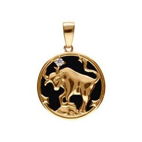 Pendentif Plaqué Or Médaille 15mm Onyx Noir Imitation Zodiaque Taureau Et 1 Oxyde Blanc
