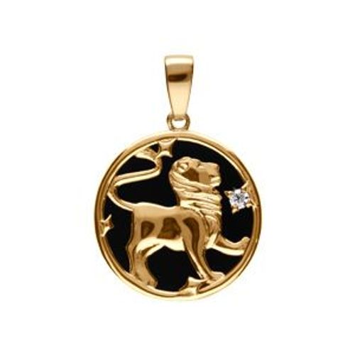 Pendentif Plaqué Or Médaille 15mm Onyx Noir Imitation Zodiaque Lion Et 1 Oxyde Blanc