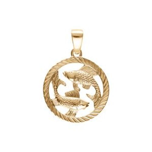 Pendentif Plaqué Or Médaille 15mm Striee Zodiaque Poissons Decoupé