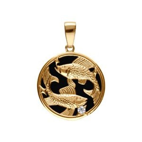 Pendentif Plaqué Or Médaille 15mm Onyx Noir Imitation Zodiaque Poissons Et 1 Oxyde Blanc