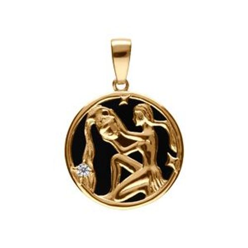 Pendentif Plaqué Or Médaille 15mm Onyx Noir Imitation Zodiaque Verseau Et 1 Oxyde Blanc