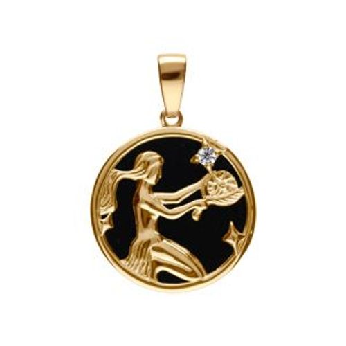 Pendentif Plaqué Or Médaille 15mm Onyx Noir Imitation Zodiaque Vierge Et 1 Oxyde Blanc