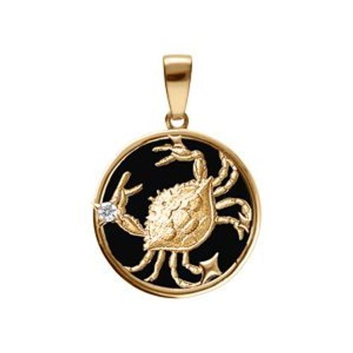 Pendentif Plaqué Or Médaille 15mm Onyx Noir Imitation Zodiaque Cancer Et 1 Oxyde Blanc