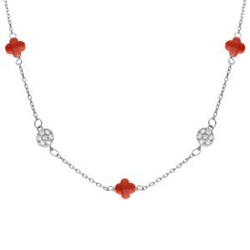 Collier Argent Rhodié Trèfle En Verre Corail Et Pastille Oxydes Blancs 42+3cm