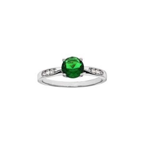 Bague Argent Rhodié Grand Diamètre 1 Oxyde Vert Serti 4 Griffes + Oxydes Blancs