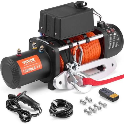 Treuil Électrique-VEVOR-6123 kg 12 V CC Corde Synthétique ¿1,0 x 2438,4 cm-Guide-câble-Télécommande Sans Fil et Filaire