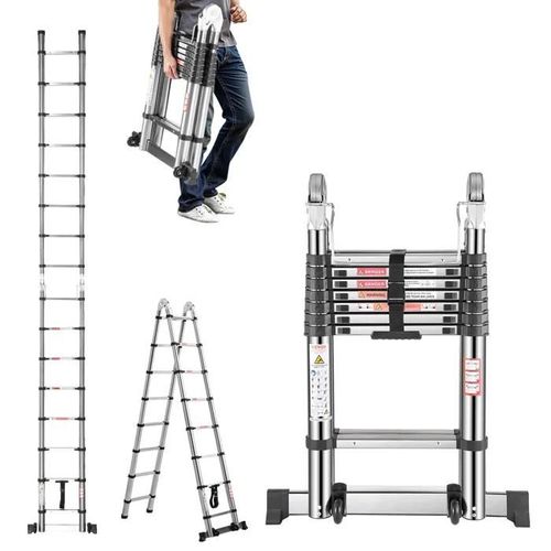 Échelle Télescopique Cadre A-VEVOR-4985 mm-Escabeau Extensible Acier Inoxydable-Charge 170 kg-avec Barre d'Équilibre