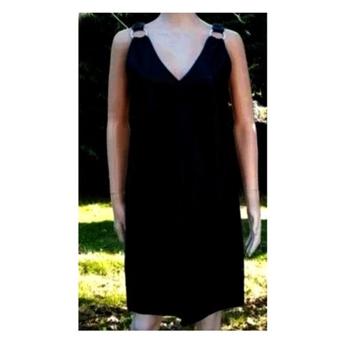 Robe Chasuble Fendu Sans Manche Bretelles Double Anneaux Noire En Cuir Pu 2 Poches Femme 44m Ming Boucle Epaules Chic Feminin Vetement Tout Saison Elegant Pratic Journee Soiree Cocktail