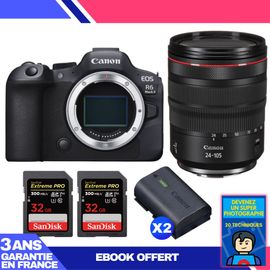 Boitier Canon EOS R6 Mark II + RF 24-105mm f/4 L IS USM + 2 SanDisk 32GB Extreme PRO UHS-II SDXC 300 MB/s + 2 Canon LP-E6NH + Ebook 'Devenez Un Super Photographe'