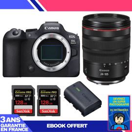 Boitier Canon EOS R6 Mark II + RF 24-105mm f/4 L IS USM + 2 SanDisk 128GB Extreme PRO UHS-II SDXC 300 MB/s + 1 Canon LP-E6NH + Ebook 'Devenez Un Super Photographe'