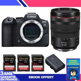Boitier Canon EOS R6 Mark II + RF 24-105mm f/4 L IS USM + 3 SanDisk 64GB Extreme PRO UHS-II SDXC 300 MB/s + 1 Canon LP-E6NH + Ebook 'Devenez Un Super Photographe'