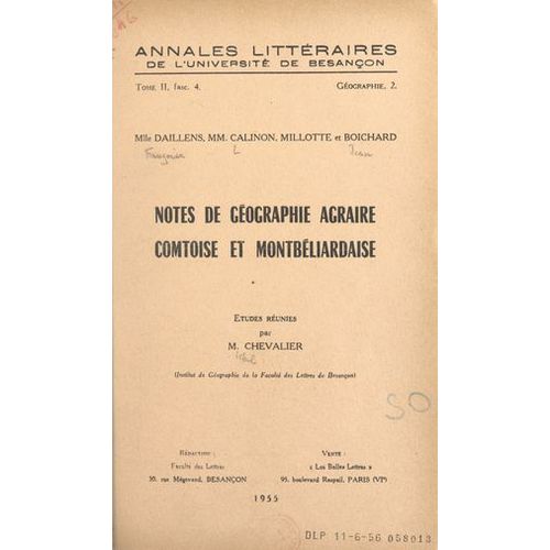 Notes De Géographie Agraire Comtoise Et Montbéliardaise
