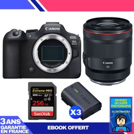 Boitier Canon EOS R6 Mark II + RF 50mm f/1.2 L USM + 1 SanDisk 256GB Extreme PRO UHS-II SDXC 300 MB/s + 3 Canon LP-E6NH + Ebook 'Devenez Un Super Photographe'