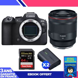 Boitier Canon EOS R6 Mark II + RF 50mm f/1.2 L USM + 1 SanDisk 64GB Extreme PRO UHS-II SDXC 300 MB/s + 2 Canon LP-E6NH + Ebook 'Devenez Un Super Photographe'