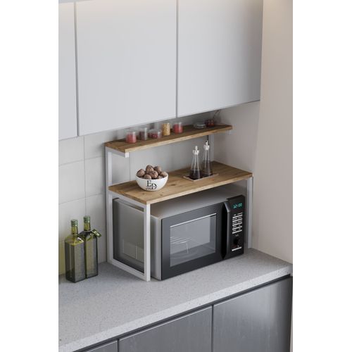 Etagere Micro-Ondes Cuisine Bois Et Metal - Support Plan De Travail Avec Rangement Epices - Style Industriel Moderne