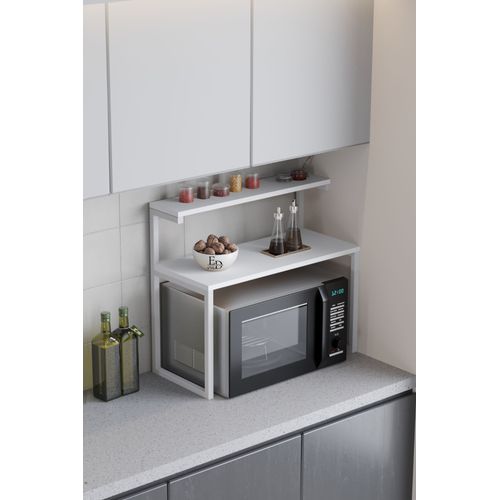 Etagere Micro-Ondes Blanche - Meuble De Rangement Cuisine Avec Etageres Bois Et Structure Metal - Design Moderne Minimaliste