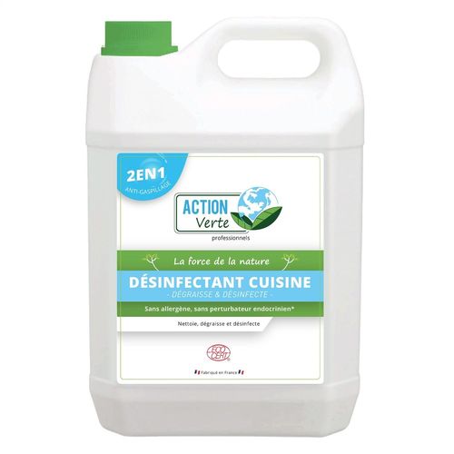 Action verte bidon 5 l Désinfectant Cuisine - Nettoie, dégraisse et désinfecte - Ecocert - Formule naturelle - Contact alimentaire - 5L