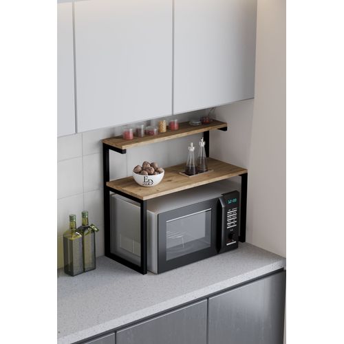 Etagere Micro-Ondes Cuisine Bois Et Metal Noir - Meuble Rangement Plan De Travail Style Industriel Moderne
