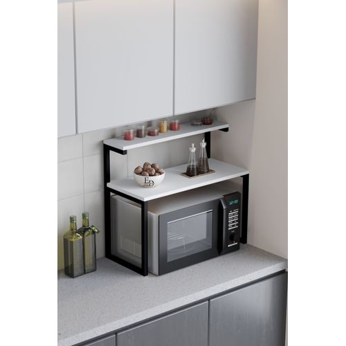 Etagere Micro-Ondes Cuisine Metal Noir Et Plateaux Blancs - Meuble Rangement Plan De Travail Moderne Et Compact