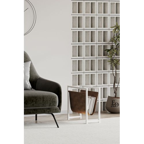 Porte-Revues en Cuir Synthetique Tabac et Metal Blanc - Rangement Magazines et Livres - Style Industriel Moderne