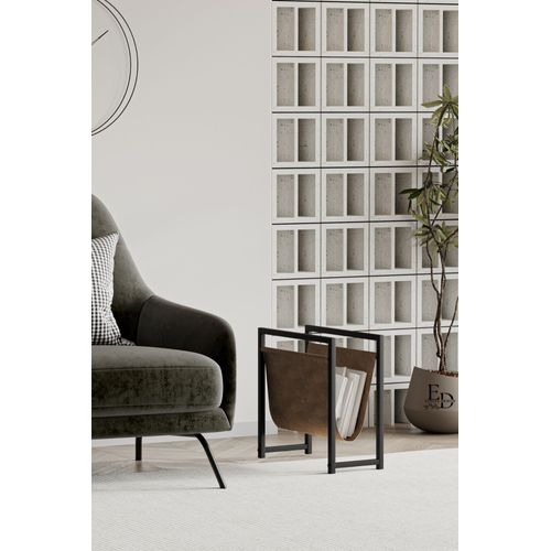 Porte-Revues en Cuir Synthetique Tabac et Metal Noir - Rangement Magazines et Livres - Accessoire Deco Industriel