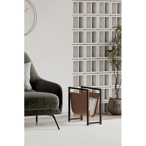 Porte-Revues en Cuir Synthetique Marron et Metal Noir - Rangement Elegant pour Magazines et Livres - Accessoire Deco Industriel