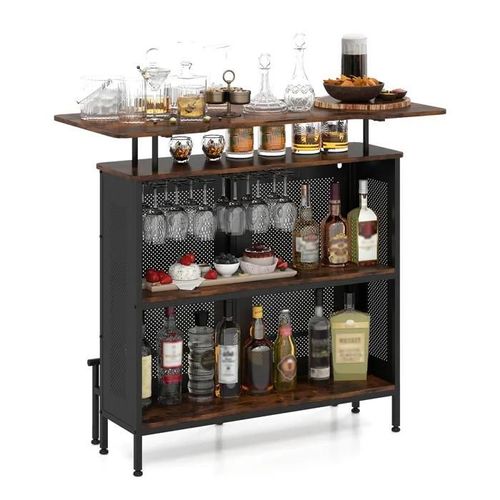 Costway Buffet De Cuisine Industriel En Métal, 2 Étagères De Vin, 6 Supports De Verres, 7 Pieds Réglables, Table De Bar Pour Salon