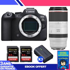 Boitier Canon EOS R6 Mark II + RF 100-500mm f/4.5-7.1 L IS USM + 2 SanDisk 64GB Extreme PRO UHS-II SDXC 300 MB/s + 3 Canon LP-E6NH + Ebook 'Devenez Un Super Photographe'