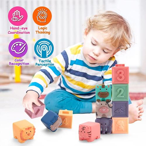 Montessori (25 pièces) pour Enfants 6 Mois et Plus, Cube Balle Sensoriels  Souples a Empiler, Anneaux d'empilage, Jeux Eveil, Jouet de Bain et  Dentition pour 6-12 Mois, Jouet Bebe 6 Mois 