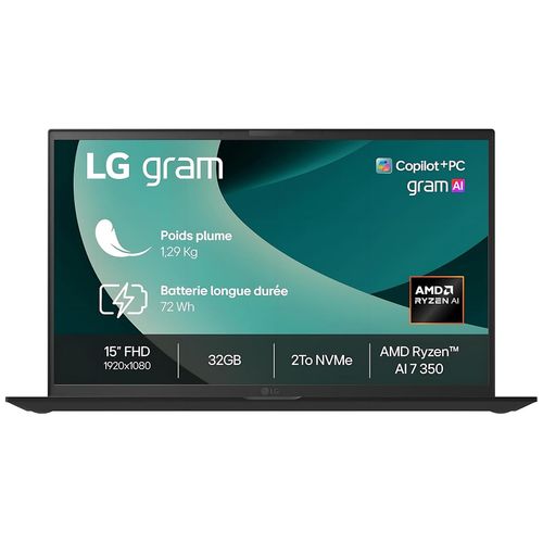 PC portable LG Gram 15 15Z80T-G.AU8BF 15" Copilot+ AMD Ryzen AI 7 32 Go RAM 2 To SSD Noir Obsidien