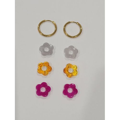 Boucles D'Oreilles Creoles Anneaux Dorés + 3 Paires Fleurs Interchangeable Modele 2