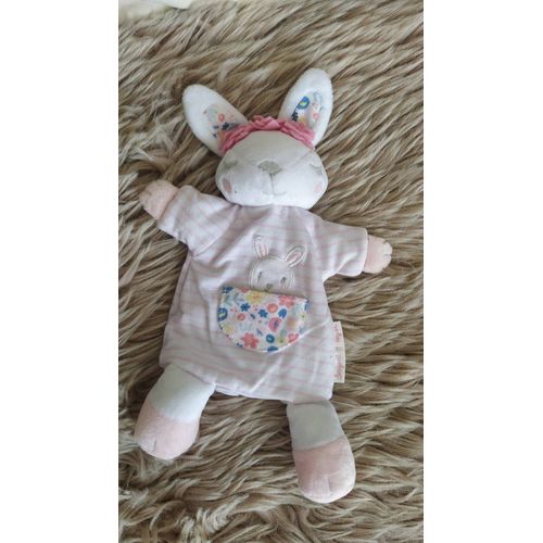 Doudou Plat Marionnette Lapin Rose Et Blanc Rayé Sergent Major Bébé Brodé Poche À Fleurs