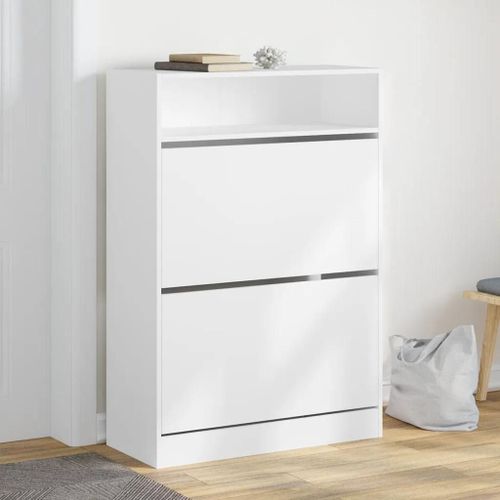 Armoire À Chaussures 2 Tiroirs Rabattables Blanc 80x34x116 Cm