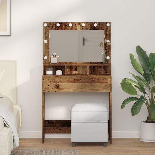 Table De Maquillage Vidaxl Avec Des Lumières Led, Style Bois Ancien, Dimensions 79x41x135 Cm