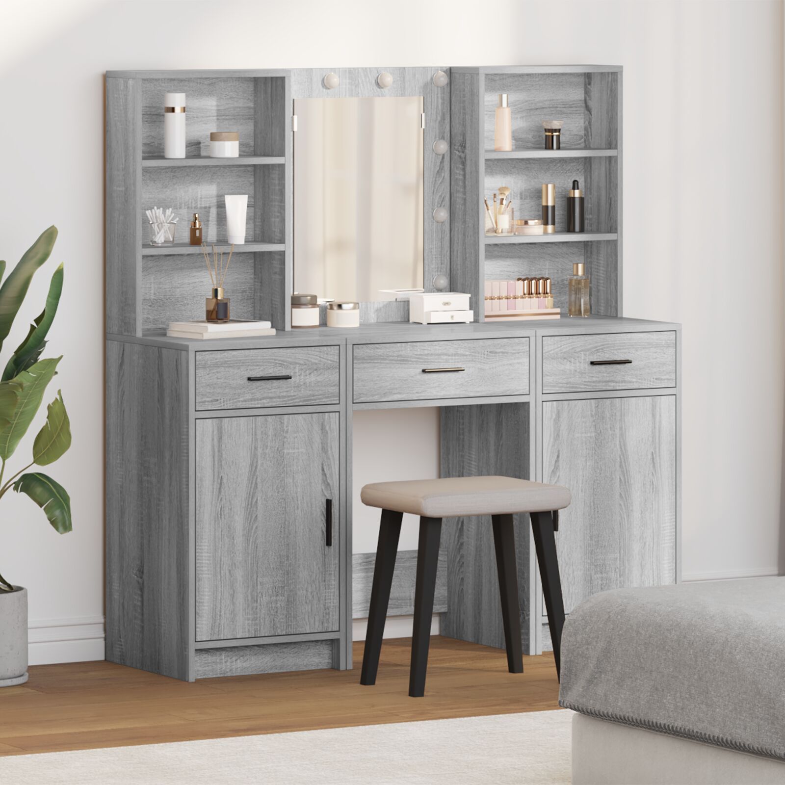 Ensemble De Meuble De Coiffeuse 3 Pièces Vidaxl - Bois D'ingénierie Gris Sonoma