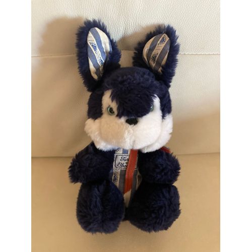 Peluche Doudou Lapin Bleu Marine Rayé Bleu Assis Tartine Et Chocolat 24 Cm