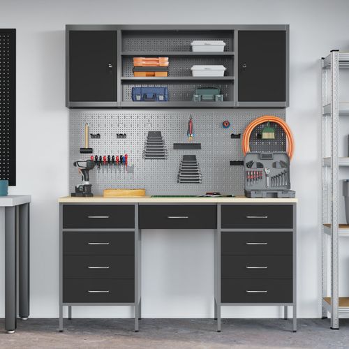 Vidaxl Ensemble De Bureau Et Panneau De Rangement 7 Pièces Noir Mdf Et Métal